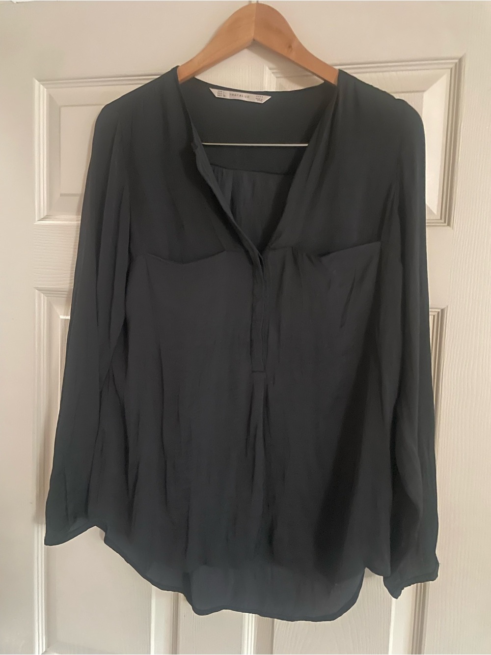 Zara Charcoal Black Long-Sleeve Split V-Neck Blouse